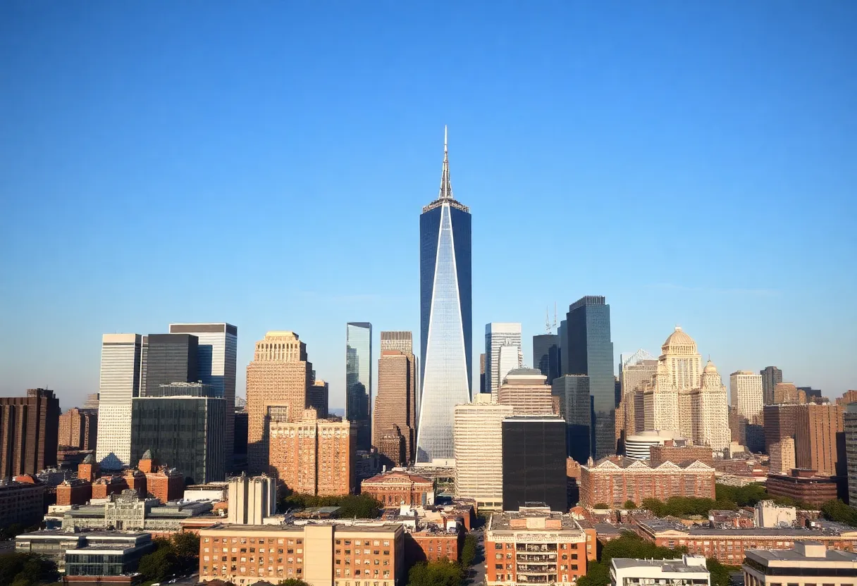 A skyline of major U.S. cities showing corporate buildings and conference centers related to business travel.