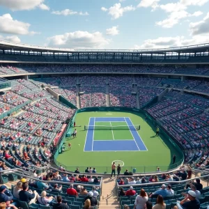Aerial view of renovated Arthur Ashe Stadium during a tennis match.