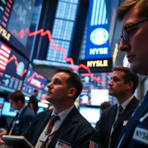 Traders in a busy financial district reacting to a stock market decline.