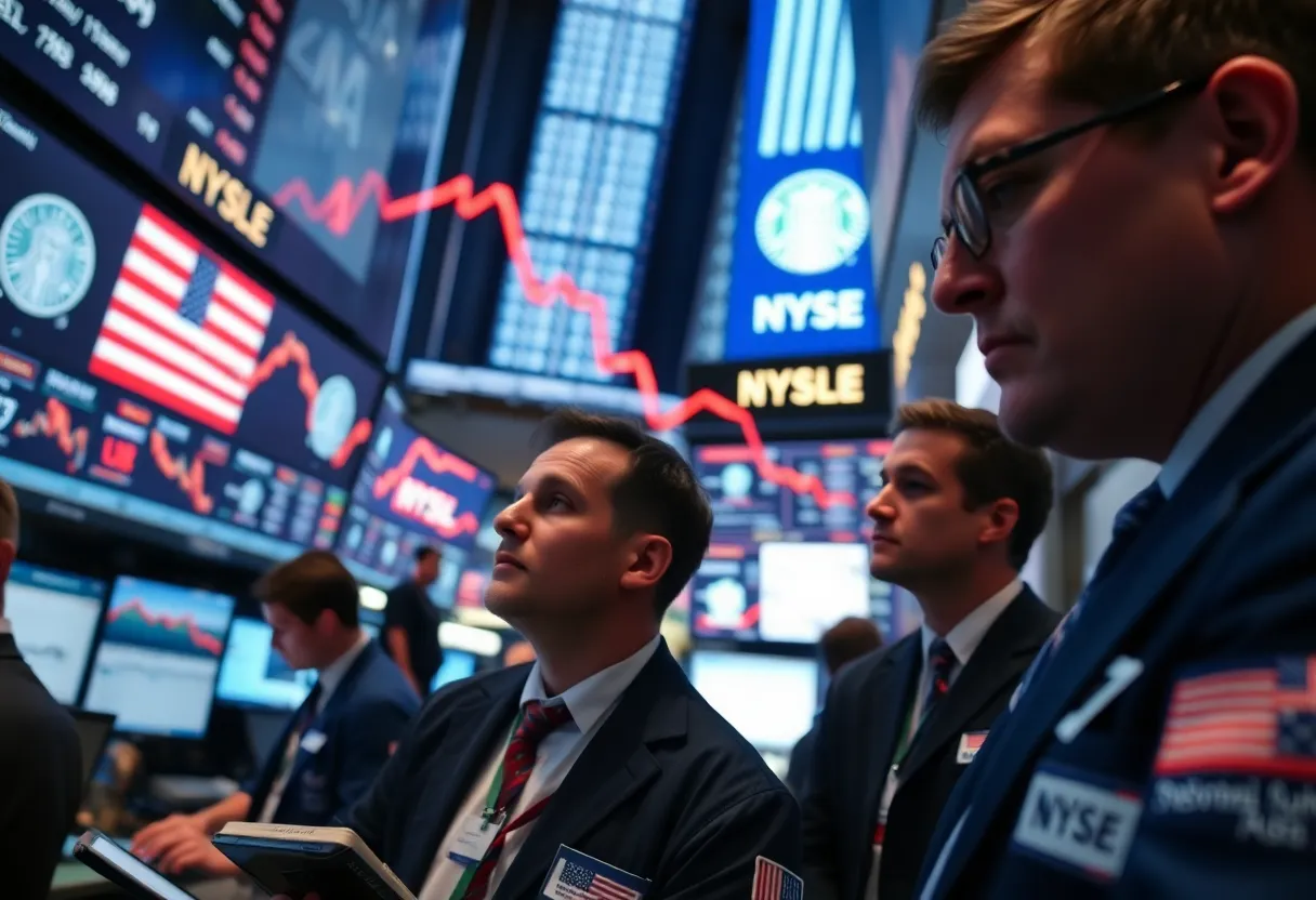 Traders in a busy financial district reacting to a stock market decline.
