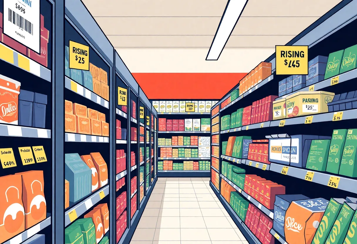 A view of price tags in a grocery store aisle depicting various products and price changes.