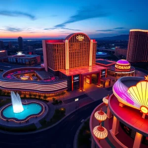 Conceptual image of a modern casino with city skyline