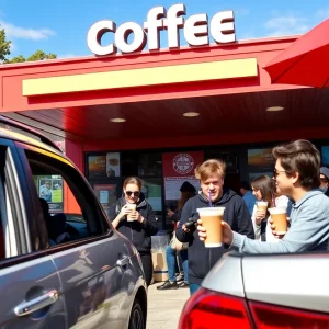 A drive-thru coffee shop with customers ordering drinks