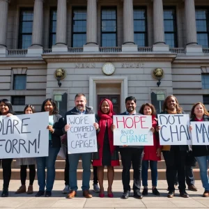 Advocates holding signs for parole reform in New York