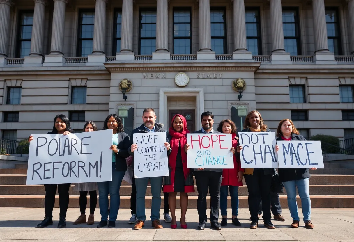 Advocates holding signs for parole reform in New York