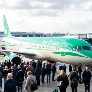 Aer Lingus aircraft parked at Manchester Airport with passengers checking in.