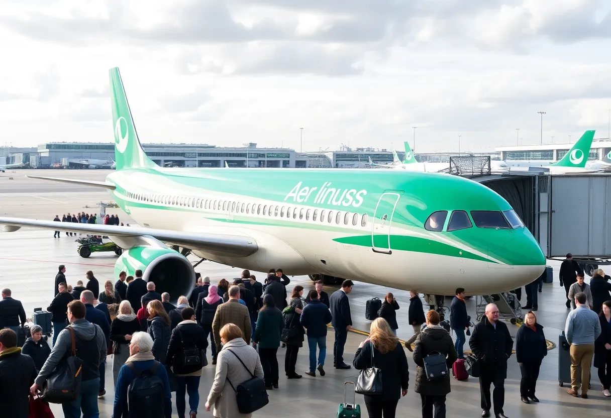 Aer Lingus aircraft parked at Manchester Airport with passengers checking in.