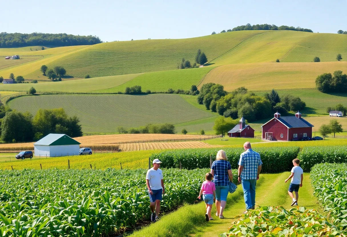 A beautiful view of a farm in the Finger Lakes with people engaging in agritourism activities.
