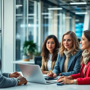 Business meeting discussing the impact of AI on employment