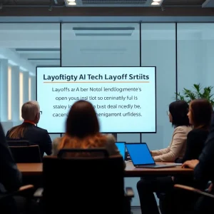 Employees discussing layoffs influenced by artificial intelligence
