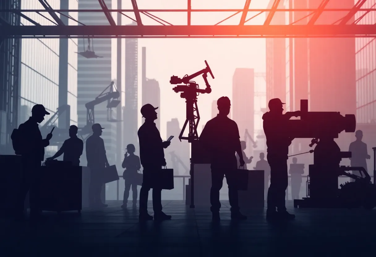 Illustration of technology impacting workforce with AI and machines