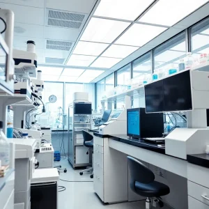 Modern biotech laboratory interior showcasing advanced scientific equipment.