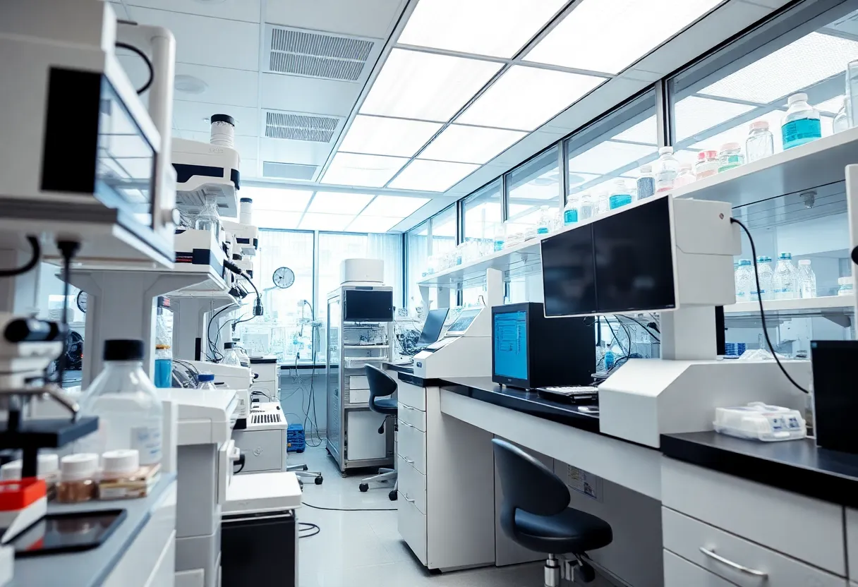 Modern biotech laboratory interior showcasing advanced scientific equipment.
