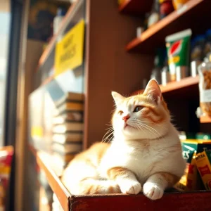 A bodega cat relaxing in a New York City store
