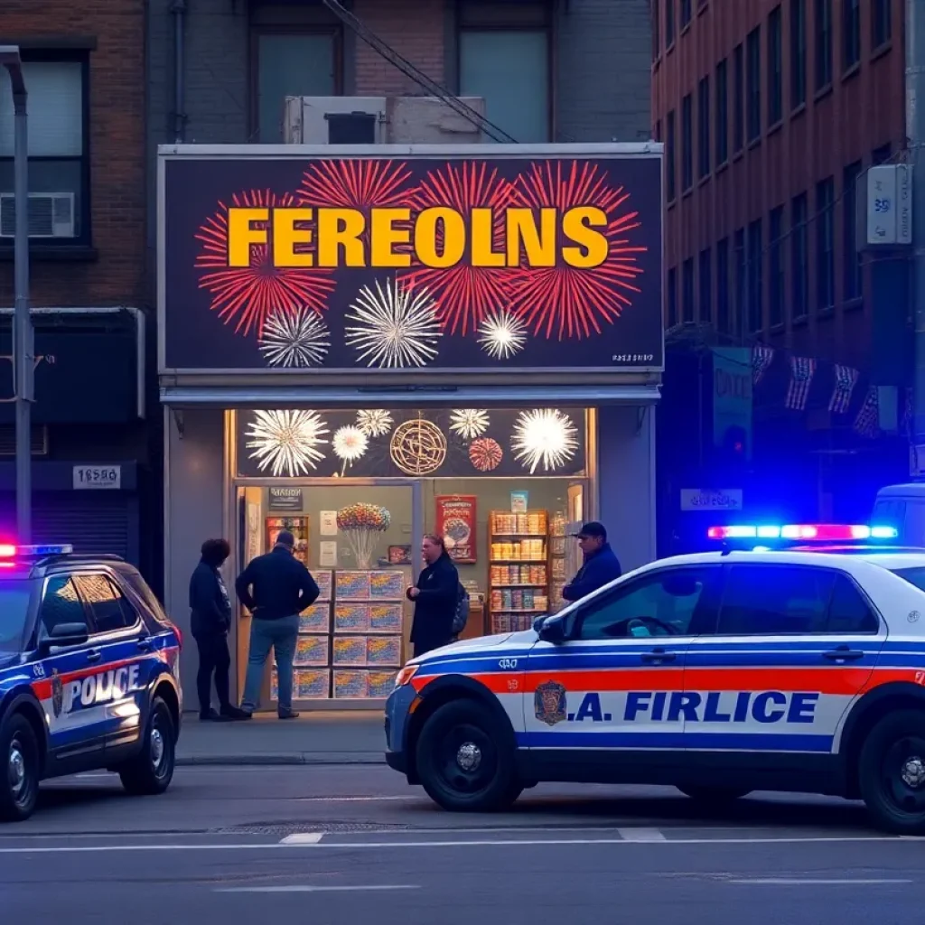 Brooklyn store front with fireworks and police presence