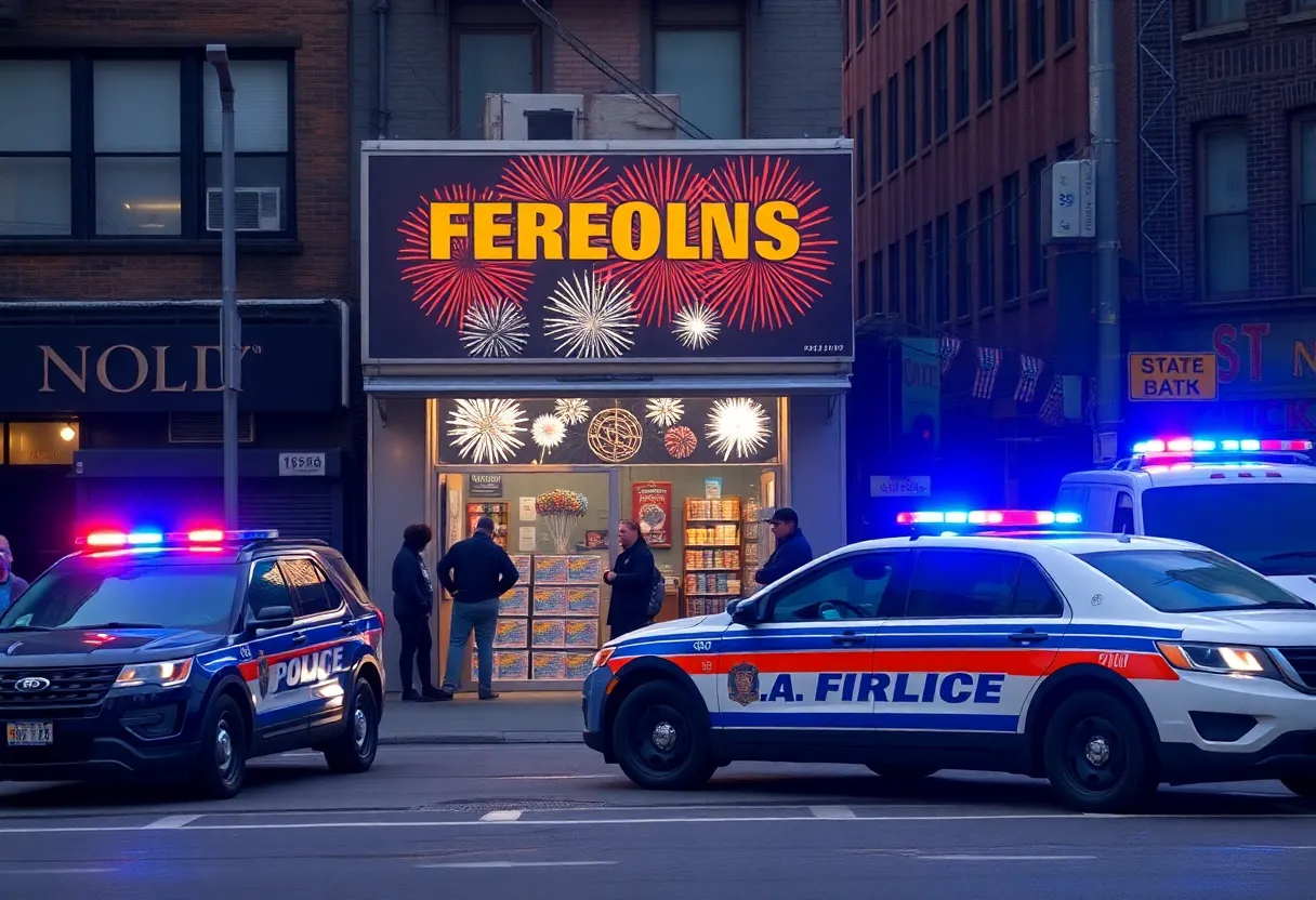 Brooklyn store front with fireworks and police presence
