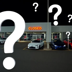 Closed luxury car dealership with empty lots