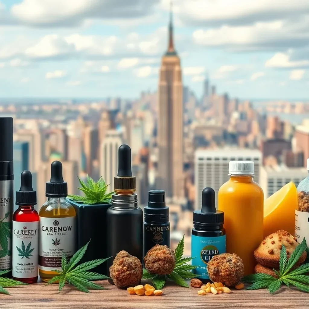 Variety of cannabis products including vaping devices and edibles with New York City skyline