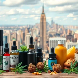Variety of cannabis products including vaping devices and edibles with New York City skyline