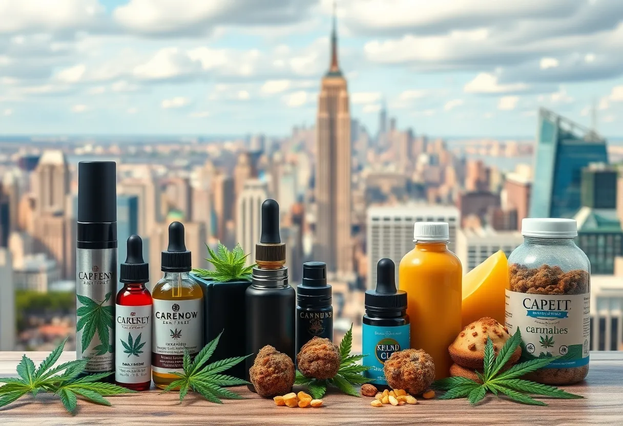 Variety of cannabis products including vaping devices and edibles with New York City skyline