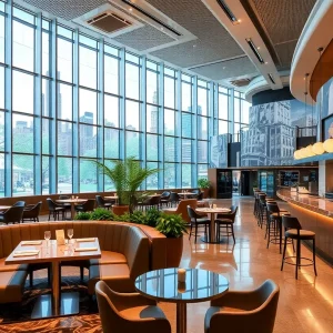 Interior view of the Capital One lounge at JFK Airport with New York-themed decor