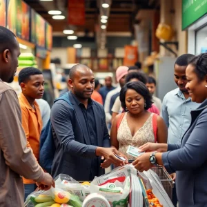 People shopping with cash at a grocery store