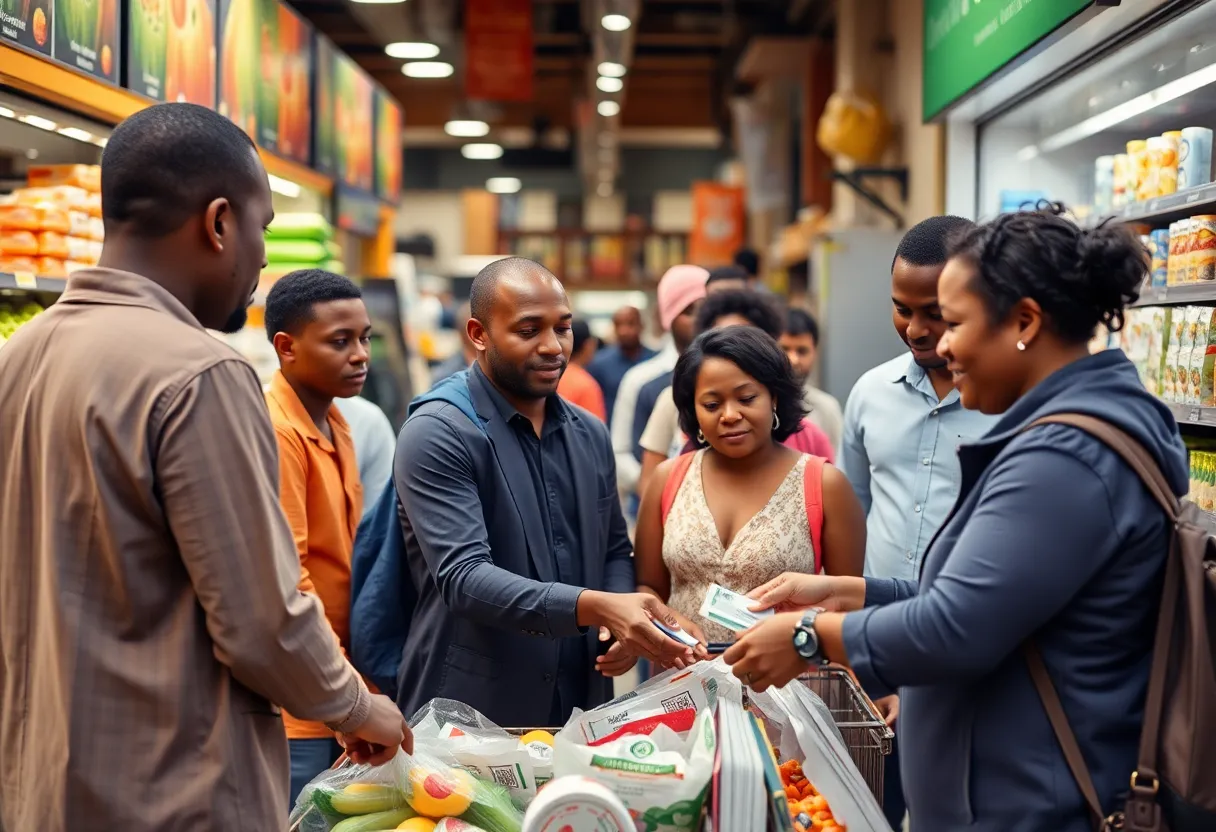 People shopping with cash at a grocery store
