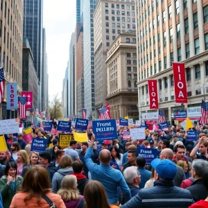 A lively celebration in New York City showing diverse groups of people gathering with banners.