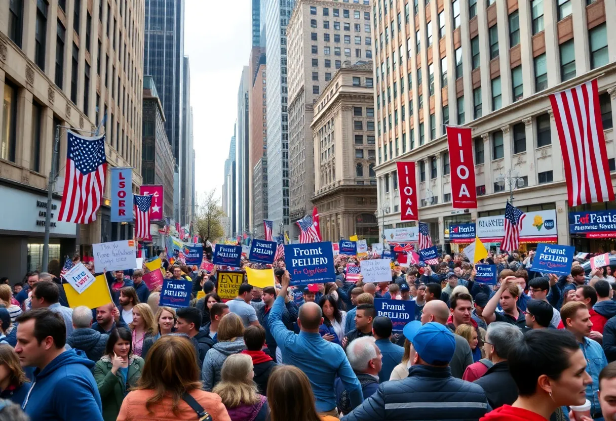 A lively celebration in New York City showing diverse groups of people gathering with banners.