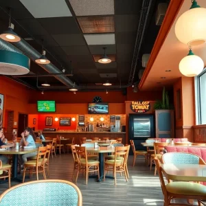 A chain restaurant interior with families dining and a nostalgic atmosphere.