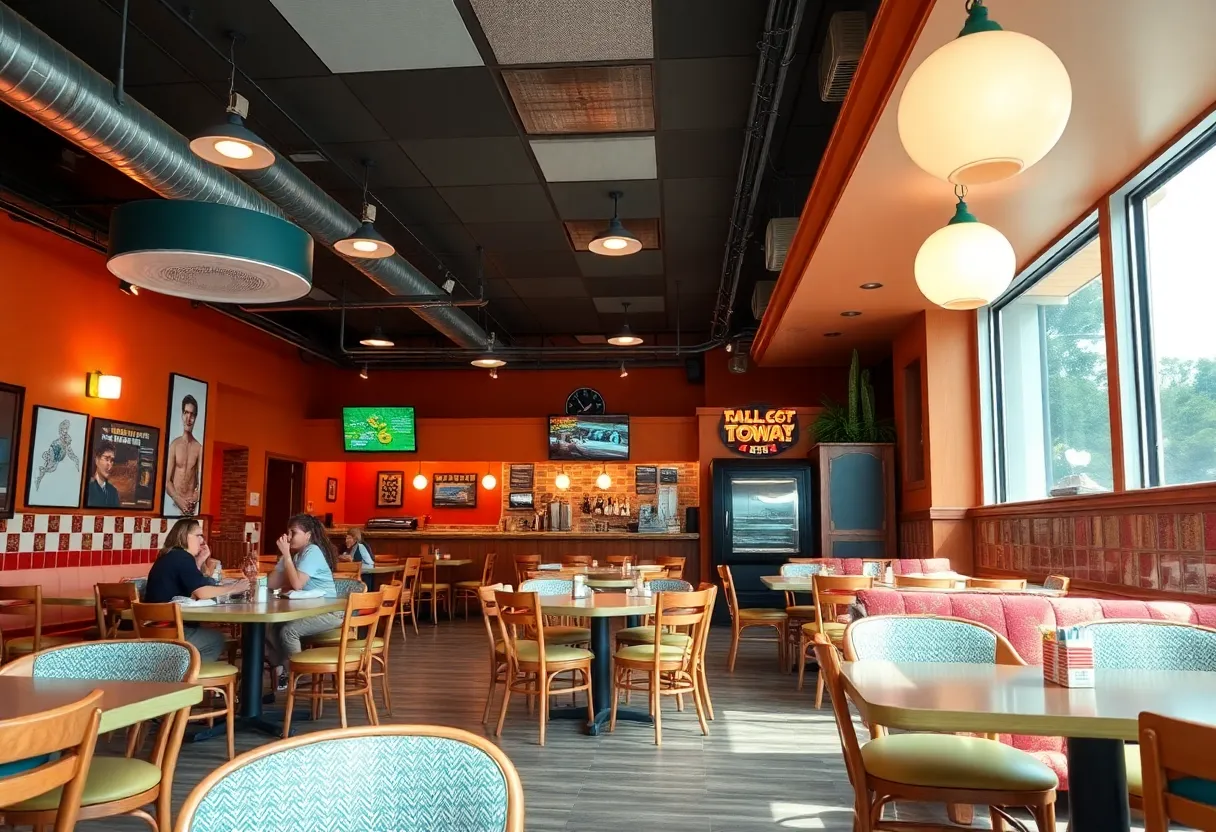 A chain restaurant interior with families dining and a nostalgic atmosphere.