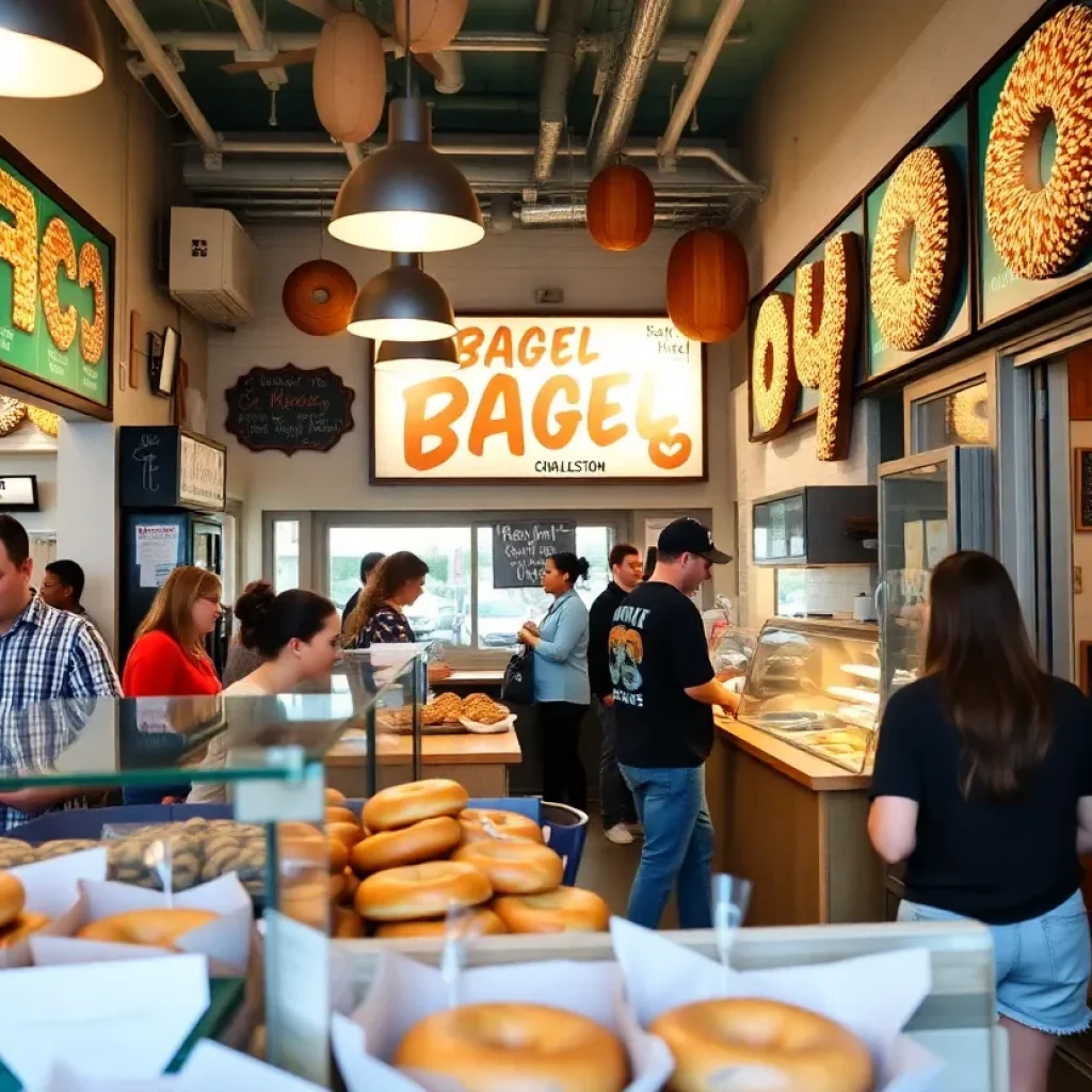 People enjoying fresh New York-style bagels in Charleston