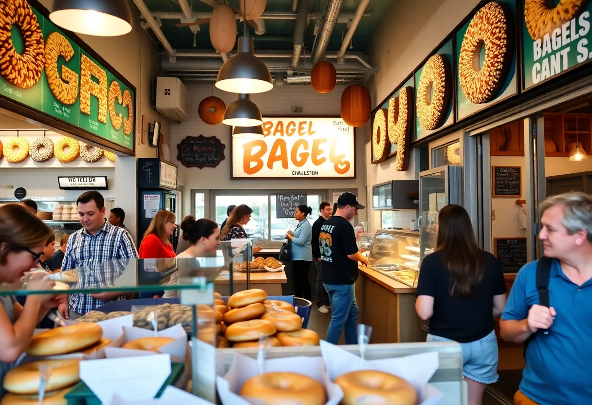 People enjoying fresh New York-style bagels in Charleston