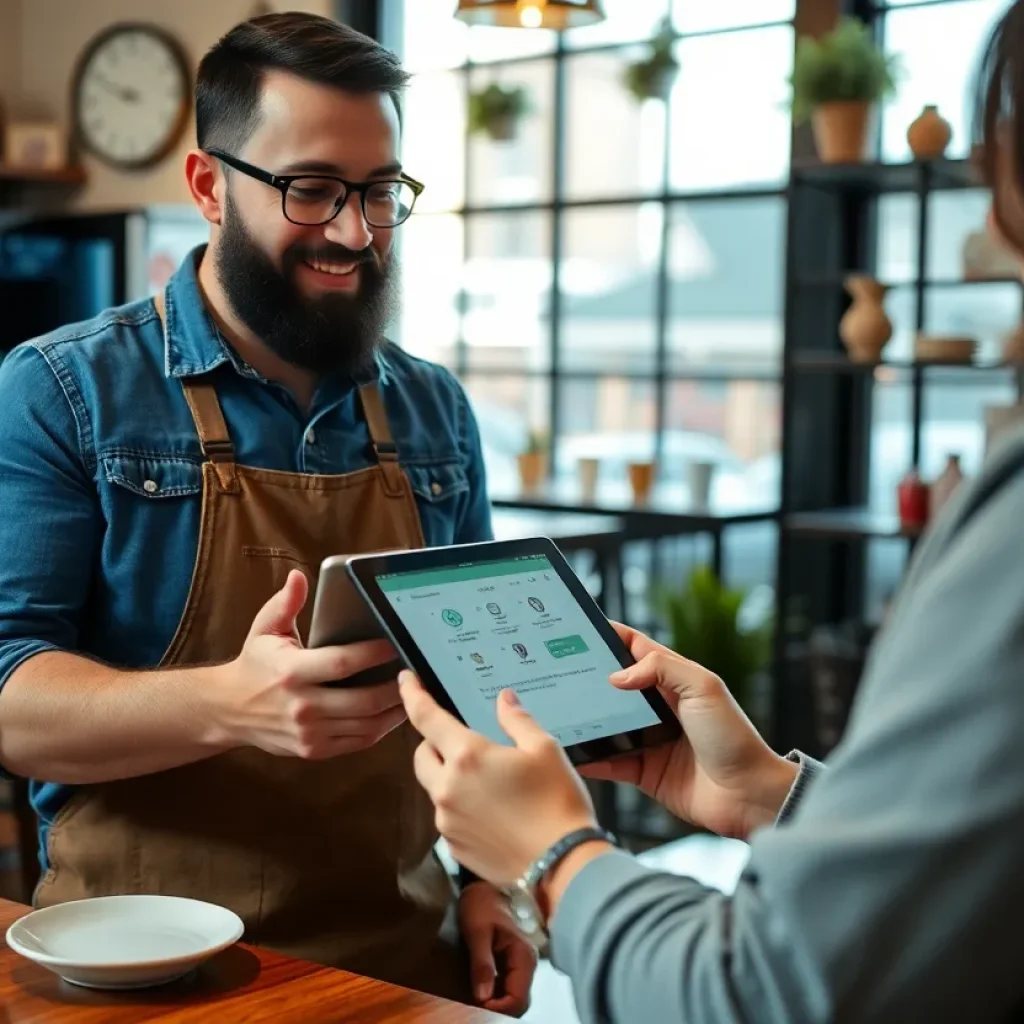 Small business owner engaging with a chatbot at a coffee shop.