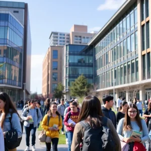 Students engaged in learning activities on a city college campus.