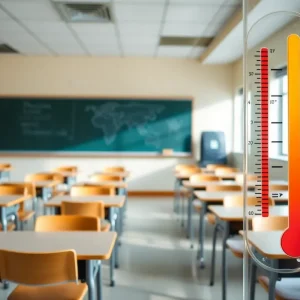 Classroom with empty desks due to heat wave adjustments