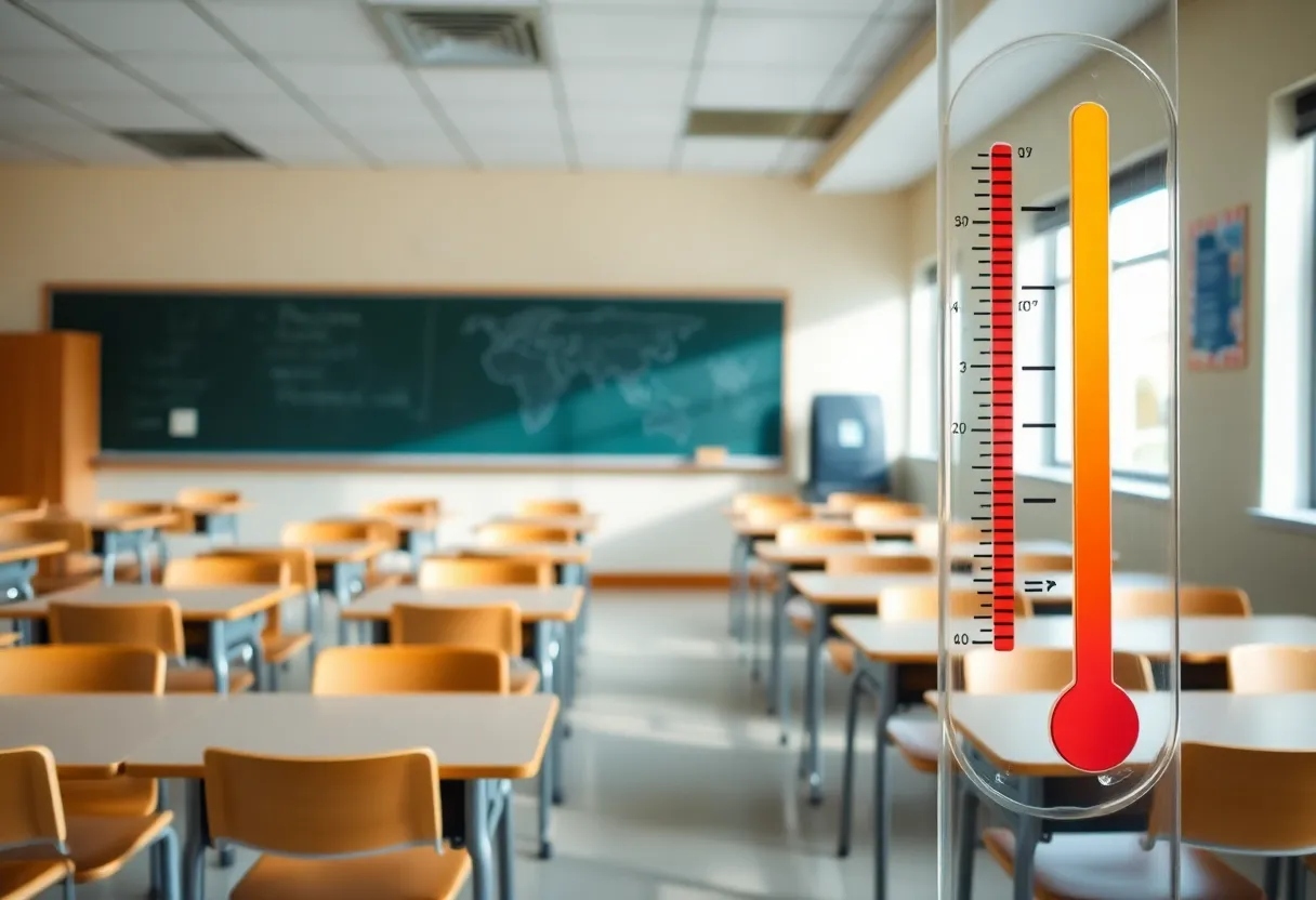 Classroom with empty desks due to heat wave adjustments