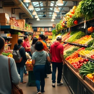 Residents purchasing fresh produce in a community grocery store focused on addressing food insecurity.