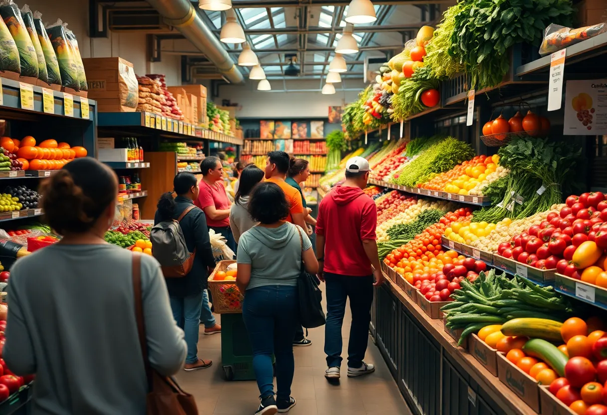 Residents purchasing fresh produce in a community grocery store focused on addressing food insecurity.