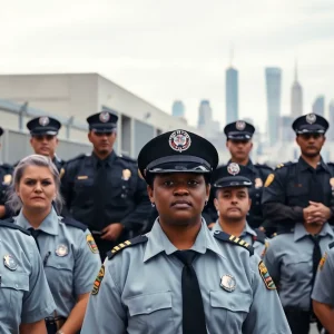 Group of correction officers united in front of a New York correctional facility