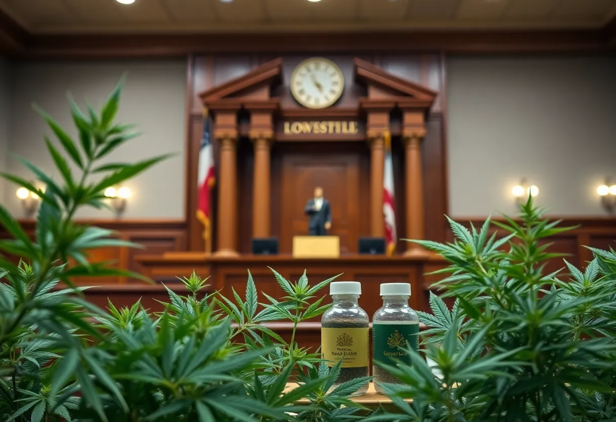 Courtroom scene with hemp and cannabis products, representing legal challenges.