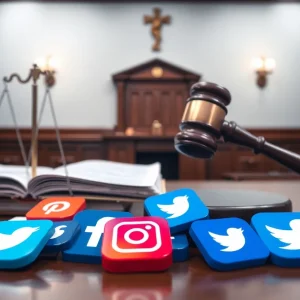 Courtroom with legal documents and social media icons