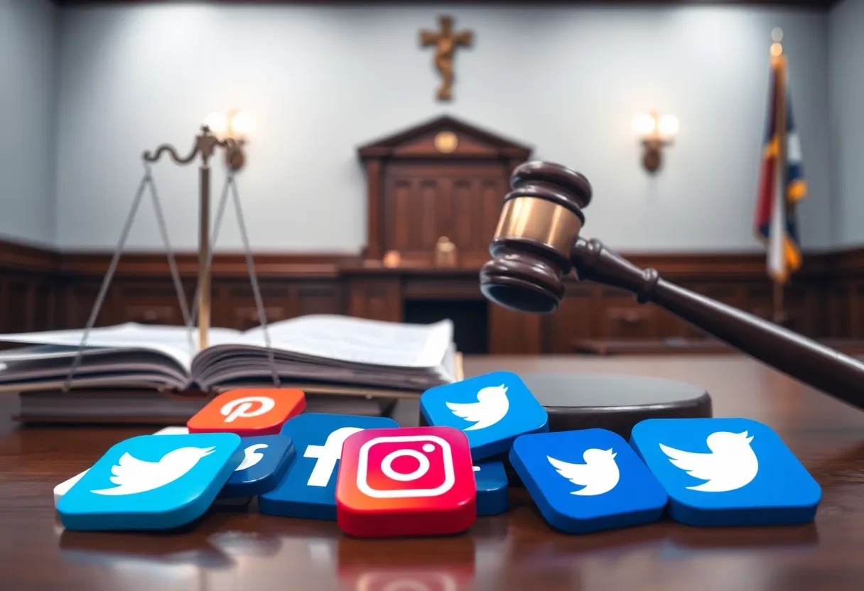 Courtroom with legal documents and social media icons