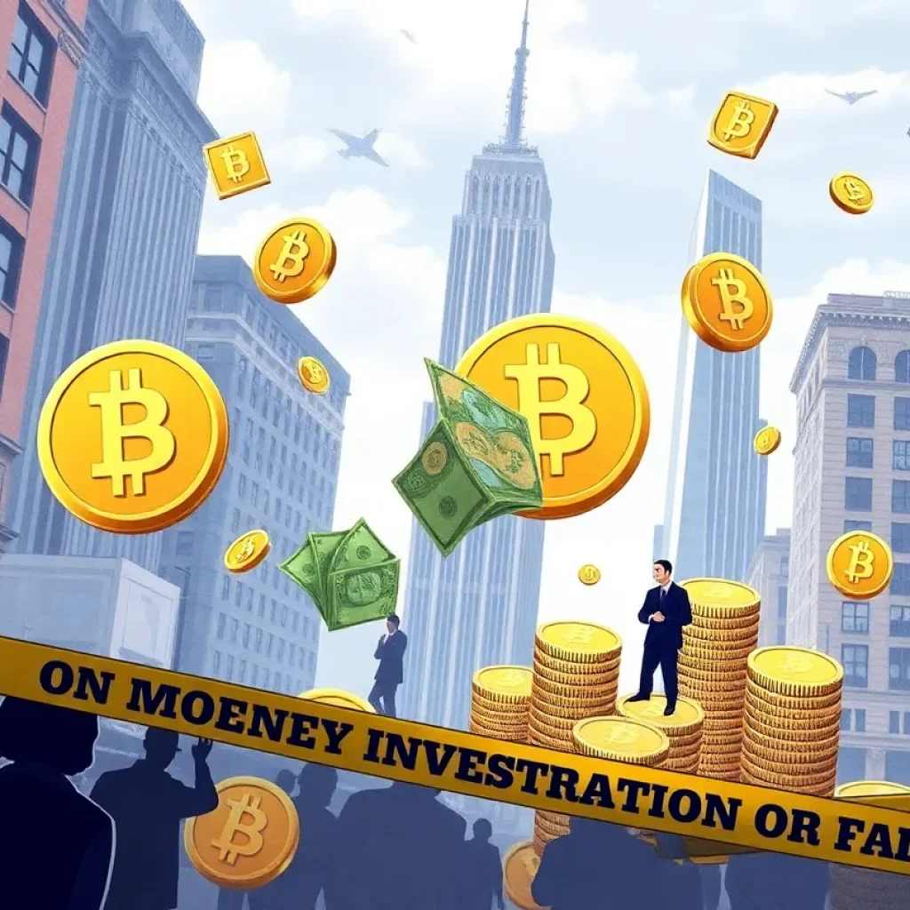 An illustration symbolizing cryptocurrency fraud investigations in New York.
