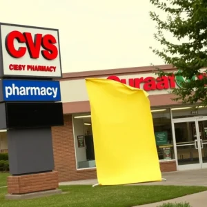 Empty CVS pharmacy storefront with a disassembled sign