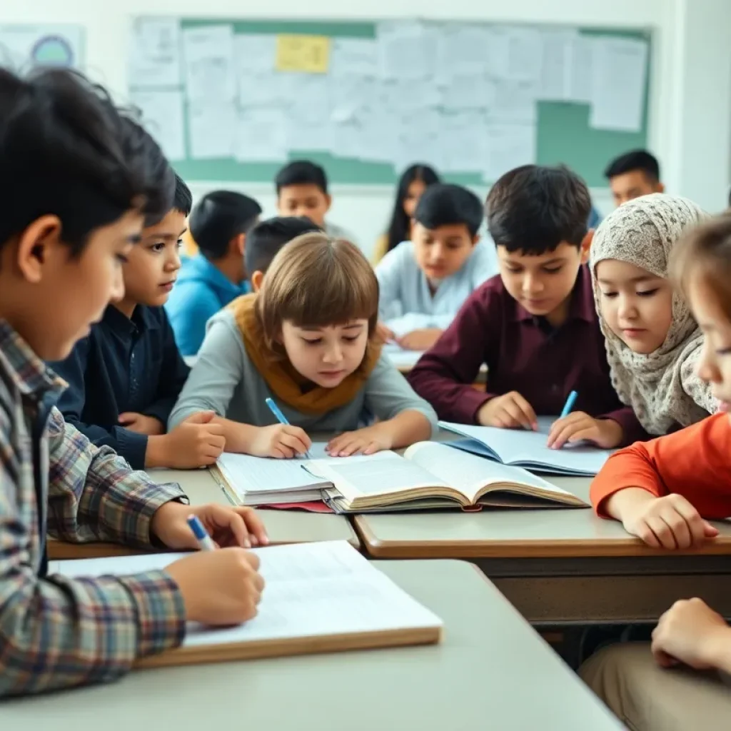 Students engaged in various educational activities in a New York classroom.