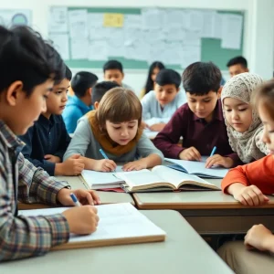 Students engaged in various educational activities in a New York classroom.