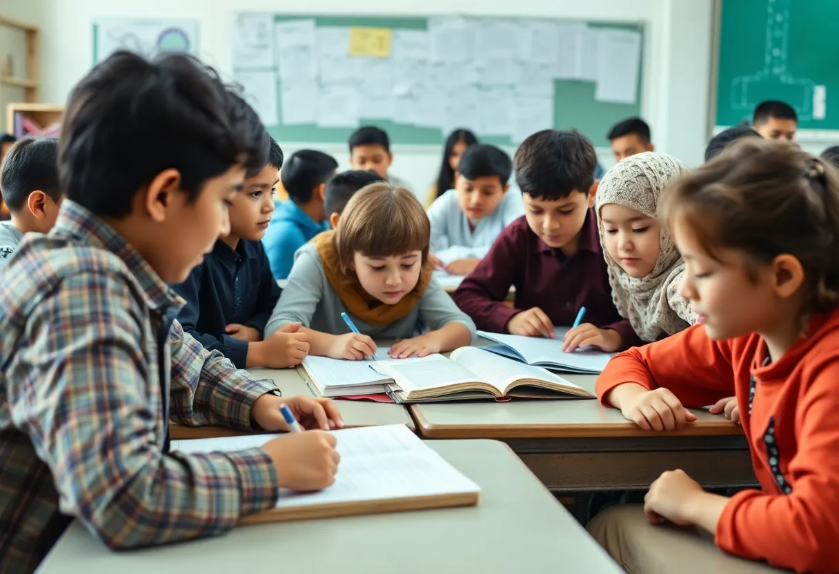 Students engaged in various educational activities in a New York classroom.