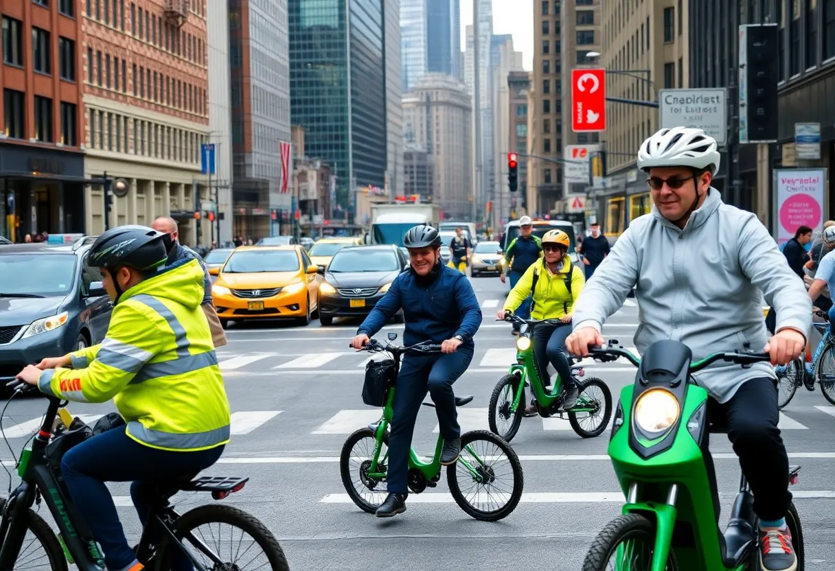 E-bike riders maneuvering through New York City traffic