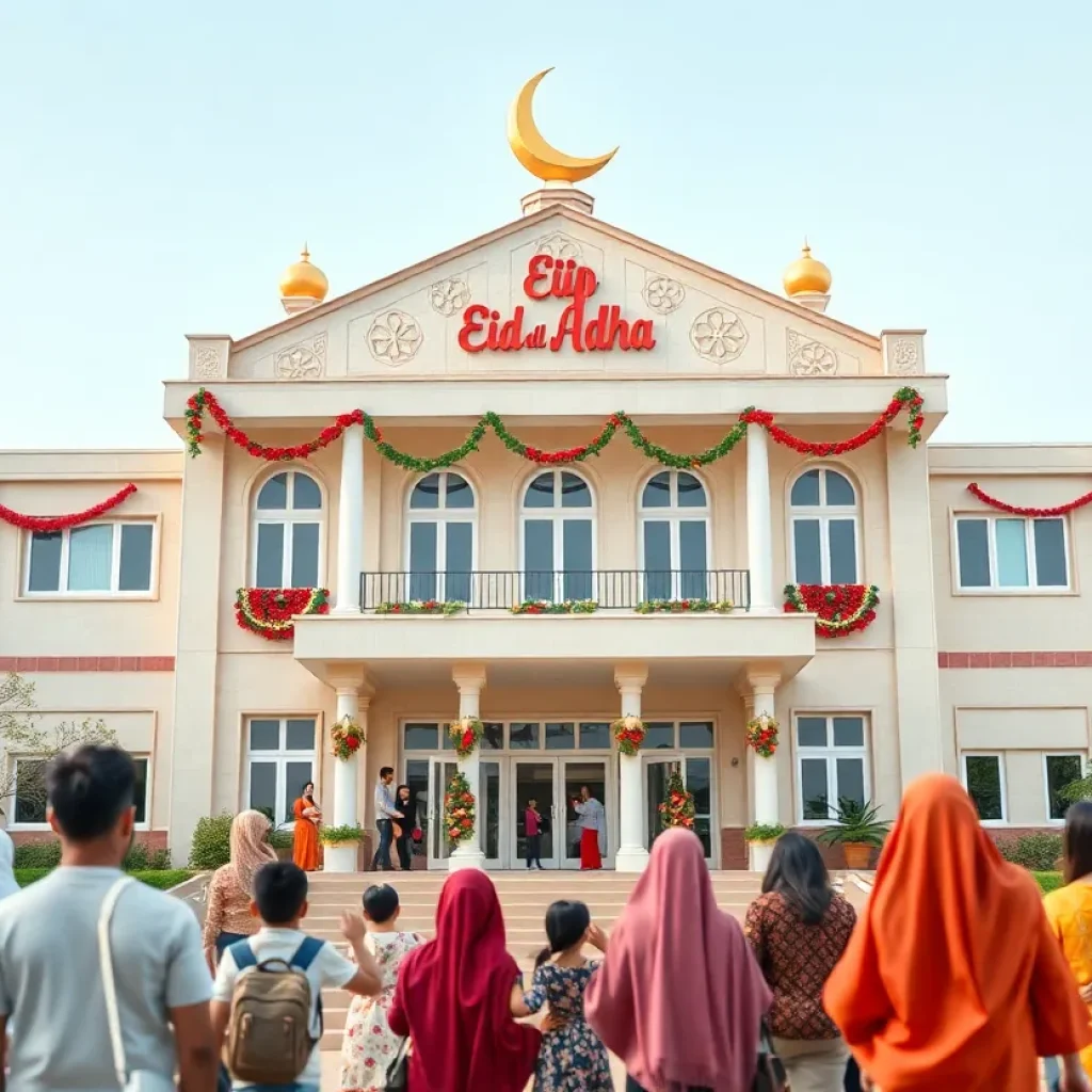 Families celebrating Eid al-Adha outside a school in New York